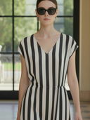 Women's French-style Elegant Tencel Blend Vertical Striped V-neck Maxi Dress ZMZ0537B6K