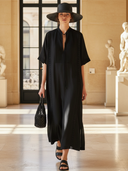 Women's High-end Vintage Style Hollowed-out Lace Patchwork Cotton And Linen Short-sleeved Maxi Dress ZMZ2785B9K