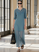 Women's Premium Minimalist Henley Neck Knitted Long-Sleeve Maxi Dress (includes Inner Slip Dress) ZMZ0686B0K