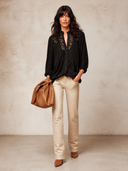 Women's Black Lace-trimmed Long-sleeved Shirt ZMZ0720I4XT