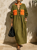 Women's Classic Casual Color-Block Cotton-Linen With Henley Neck And Lantern Sleeves Maxi Dress ZMZ0276G8ZYY