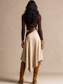 Women's Retro Casual Solid Color Knitted High Neck T-Shirt Set With PU Patchwork Cotton Irregular Button Skirt ZMZ1590J6ZJY