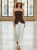 Women's Fashionable Old-fashion Cotton And Linen Blend Strapless Top And Elastic Waist Pants Set ZMZ1220B7K