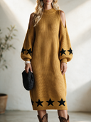 Women's Classic Vintage Casual Loose Midi Dress With Stand Collar, Lantern Sleeves, Shoulder Cutouts, And Star Jacquard Pattern ZMZ0411I2ZYY