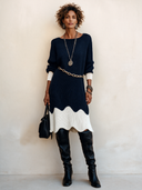 Women's Fashionable Color-blocked Wavy-edged Knit Long-sleeved Dress (including Belt) ZMZ3175H7SWL