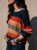 Women's Retro Casual Rainbow Striped Color Block Crew Neck Pullover Sweater ZMZ1144I2ZJY
