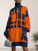 Women's Oversized Geometric Turtleneck Knit Sweater Dress Navy Orange ZMZ2856J9YZH