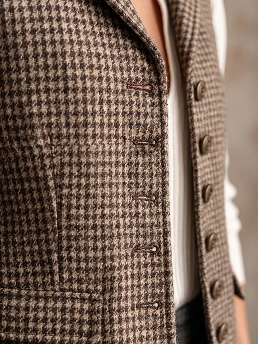 Women's Houndstooth Vest Stand Collar Sleeveless Waistcoat Multi Button Irregular Hem Pocket Vintage Layering Gilet For Fall ZMZ1826I7YZH