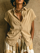 Women's Effortless Casual Style Linen-Cotton Blend Relaxed Short-Sleeve Button-Down Shirt ZMZ2238E0YZH