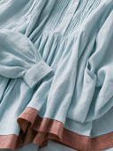 Women Premium Cotton Linen Accordion Pleated Front Maxi Dress Stand Collar Long Sleeve Pocket Contrast Hem Loose Vacation Caftan Dress ZMZ0116G5YZH