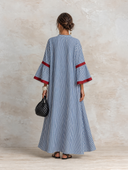 Women's Casual Resort-Style Cotton Vertical-Stripe V-Neck Flared-Sleeve Loose Maxi Dress ZMZ0323G1ZYY