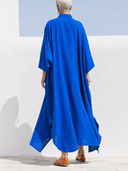 Women Autumn  Cotton Linen Maxi Kaftan Dress Stand Collar Wooden Button Half Placket Roll Sleeve Pocket Loose Fall Vacation Caftan ZMZ0905G6YZH