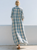 Women Autumn Cotton Blend Plaid Maxi Shirt Dress Collar Half Button Roll Sleeve Pocket Irregular Hem Loose Fall Vacation Tunic ZMZ0911G1YZH