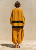 Women's Color Block Round Neck Long Sleeve Trousers Cotton Linen Two-Piece Set ZMZ1026F7XT