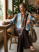 Women's Classic Satin Color-Block Striped Top And Wide-Leg Pants Set ZMZ1435G1SWL