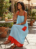 Women's Vacation Style Rayon-Cotton Striped Color Block Spaghetti Strap Maxi Dress With Pockets ZMZ2409D1YZH
