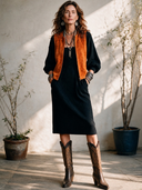 Women's Retro-American Style Faux Suede Zip-Up Vest And Square-Neck Lantern-Sleeve Knit Midi Dress Set ZMZ0362I9ZYY