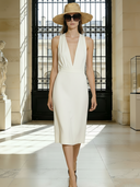 Women's French Elegant Clean Fit Cotton Linen Deep V Sleeveless Dress ZMZ2783B6P