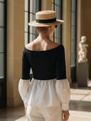 Women's Premium Elegant Off-the-shoulder Knitted And Cotton Spliced long-sleeved Shirt ZMZ0657B3K