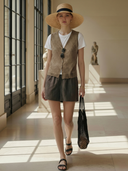 Women's Premium Old-money Style Knitted Vest, Cotton Blend T-shirt, And Cotton-linen Blend Shorts Three-piece Set ZMZ0683B0K