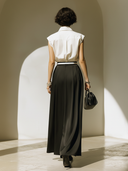 Women's Old-money Style Cotton Sleeveless Shirt And Satin Skirt Set (with Belt) ZMZ2628B0U