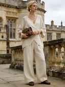 Women's Retro Casual Cotton Linen V-Neck Oversized Shirt And Trousers Two-Piece Set ZMZ2675B8TO