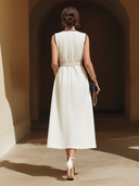Women's Old-Money Style White Rayon V-neck Sleeveless Midi Dress (with Belt) ZMZ2622B6U