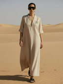 Women's Casual Cotton And Linen Blend Embroidered V-neck Maxi Dress ZMZ2002A4K