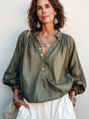 Women's Retro Army Green Cotton Pleated Button Collar Long-Sleeved Top ZMZ1413H1SWL