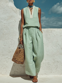 Women's Casual Vacation Style Linen-Cotton Blend Sleeveless Two-Piece Set ZMZ1860E8YZH