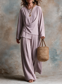 Women's French-style Loose-fitting Textured Knotted Front Top And Wide-leg Trousers Set ZMZ0389I1XT