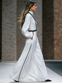 Women’s Vintage-inspired Casual Long-sleeve Maxi Dress With A V-neck And Contrasting Trim ZMZ1527J2ZJY