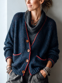 Women's Classic Navy V-Neck Button-Front Knit Cardigan With Red Contrast Trim ZMZ3058I8SWL