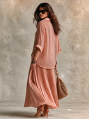 Women's Relaxed-Fit Mesh Vacation Shirt And Pleated Satin Skirt Two-Piece Set ZMZ3161H3XT