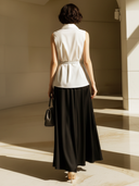 Women's Old Money Style Cotton Sleeveless Shirt (with Belt) And Satin Skirt Set ZMZ2656B5U