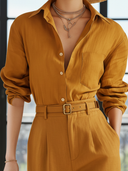 Women's Old-money Style Orange Cotton-linen Long-sleeved Shirt And Straight-leg Pants Set (with Belt) ZMZ2895B2U