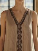 Women's High-end Old-money Style Embroidered Tencel And Linen Blend V-neck Sleeveless  Maix Dress ZMZ1099B5K