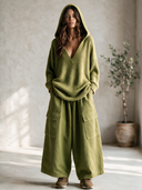 Women's Classic Retro Casual Set: Loose V-Neck Hooded Sweater And Multi-Pocket Wide-Leg Twill Pants ZMZ0332I9ZYY