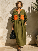 Women's Classic Casual Color-Block Cotton-Linen With Henley Neck And Lantern Sleeves Maxi Dress ZMZ0276G8ZYY