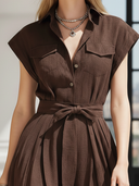 Women's Old Money Style Brown Cotton And Linen Sleeveless Commuter Dress ZMZ2879B7U