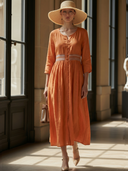 Women's Elegant Cotton-linen Blend With Embroidered Waist Short-sleeved Maxi Dress ZMZ2686B0K