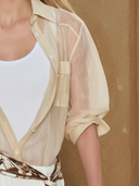 Women's American Retro Style Tencel Blend Shirt And Cotton Trousers Three-piece Set (scarf Not Included) ZMZ2863A8K