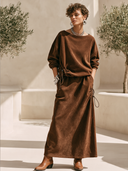 Women's Vintage Western-Style Faux Suede Crew-Neck Long-Sleeve Sweatshirt And Elastic-Waist Skirt Set ZMZ0403I6ZYY