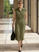 Women's Casual, Vintage Style, Pure Cotton, Elastic Waist, Zipper, Sleeveless Midi Dress ZMZ1136B9K