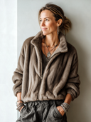 Women's Stylish Taupe Faux Mink Zip-Up Jacket ZMZ3013I8SWL