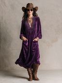 Women's Retro Casual Western Style Velvet Rhinestone V-Neck Long Sleeve Maxi Dress ZMZ2420H8ZJY