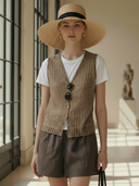 Women's Premium Old-money Style Knitted Vest, Cotton Blend T-shirt, And Cotton-linen Blend Shorts Three-piece Set ZMZ0683B0K