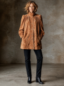 Women's Retro Casual Camel Suede Puff Sleeve Stand Collar Jacket ZMZ0318I1XT
