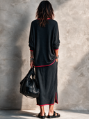 Women's Retro Casual Knitted Color Block Round Neck Long Sleeve Top And Skirt Set ZMZ0163I0ZJY