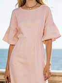 Women's Retro Elegant Simple Cotton Linen Ruffle Five-Quarter Sleeve Midi Dress ZMZ0549C9TO